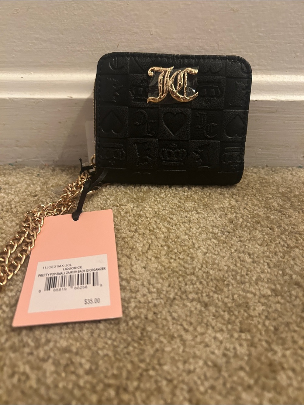 Juicy Couture Black Embossed Mini Wallet Crossbody with Gold Chain